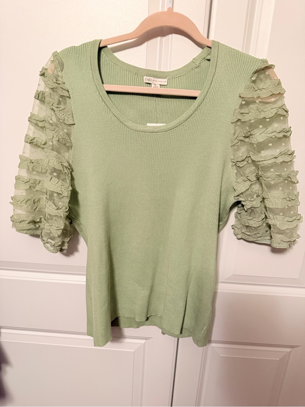 Cato Sage Green Ruffled Mesh Sleeve Knit Top